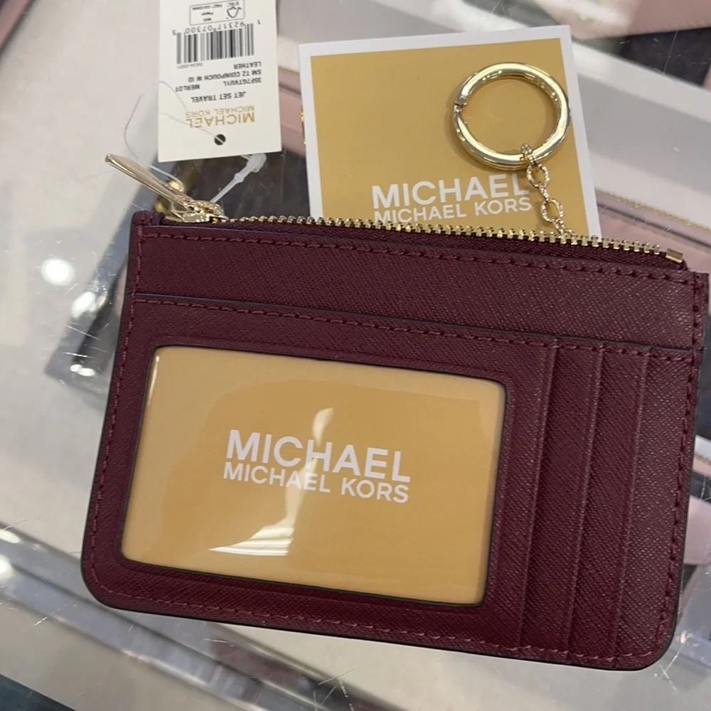 Michael Kors Jet Set Travel Small Leather Top Zip Coin Pouch With ID
